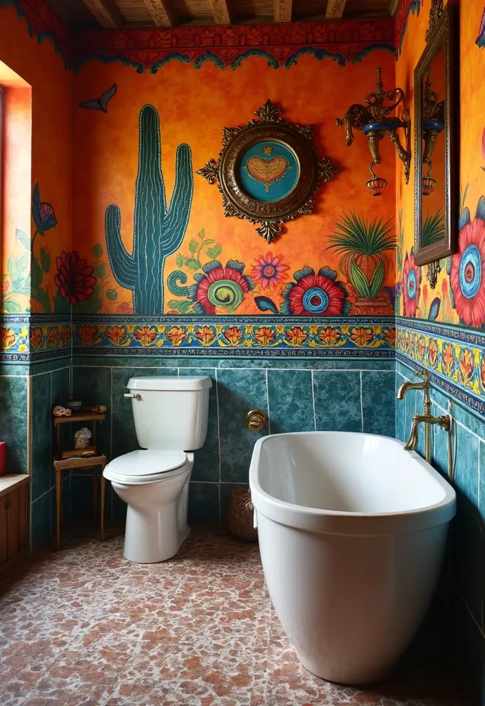 27 Mexican Style Bathroom Ideas Full Of Color - 6. Artistic Wall Murals