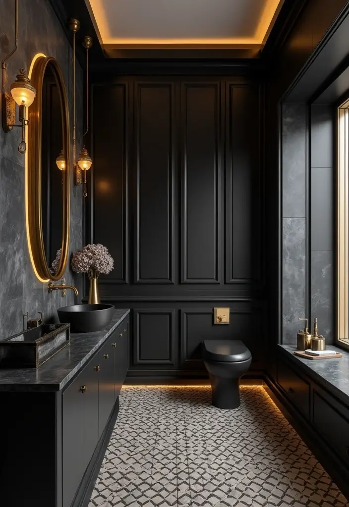 27 Modern Bathroom Black Design Trends For 2024 - 13. Black and Gold Accents