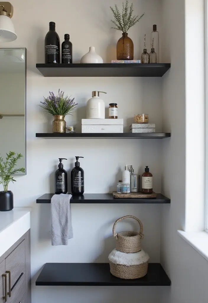 27 Modern Bathroom Design Black And Sleek - 16. Black Glass Shelving
