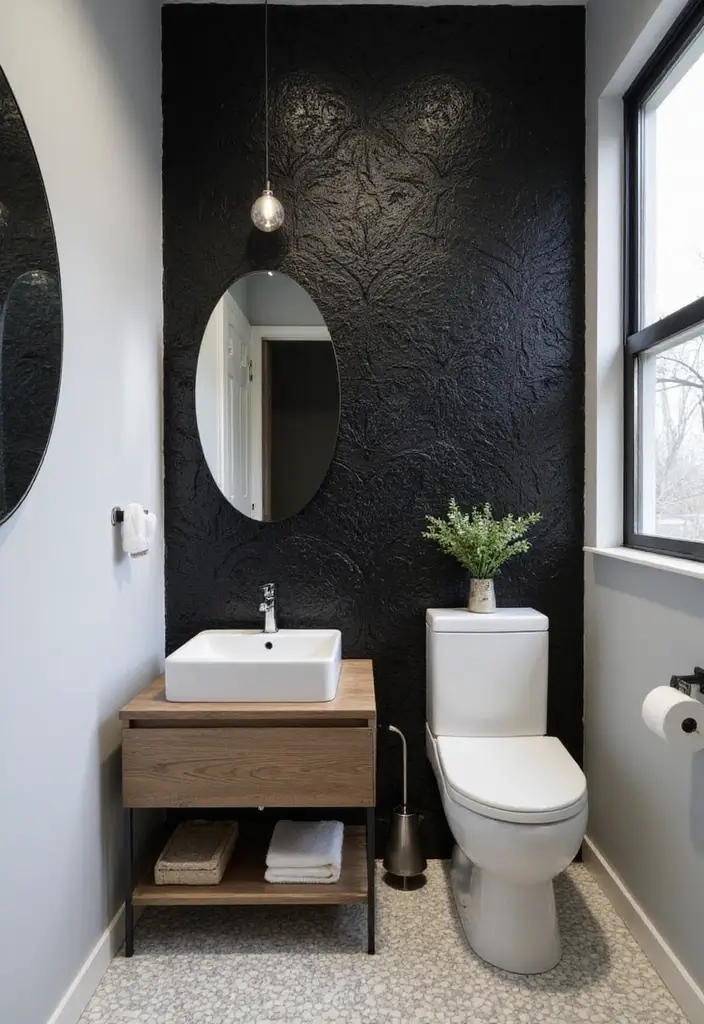 27 Modern Bathroom Design Black And Sleek - 26. Black Accent Wallpaper