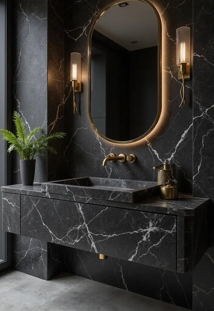 27 Modern Bathroom Design Black And Sleek - 6. Black Marble Accents