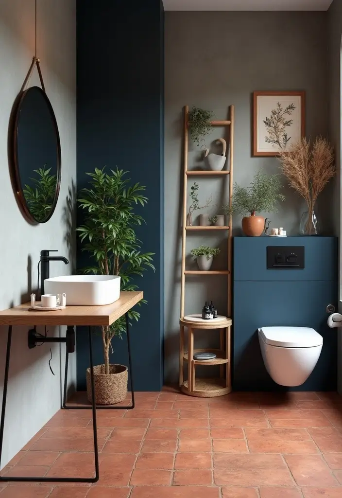 27 Navy And Grey Bathroom Ideas That Feel Calm - 15. Trendy Terracotta
