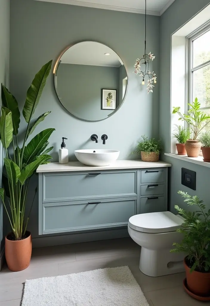 27 Navy And Grey Bathroom Ideas That Feel Calm - 17. Greenery Accents