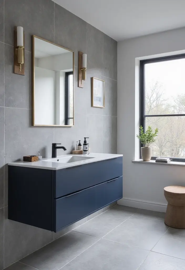 27 Navy And Grey Bathroom Ideas That Feel Calm - 2. Minimalist Modern