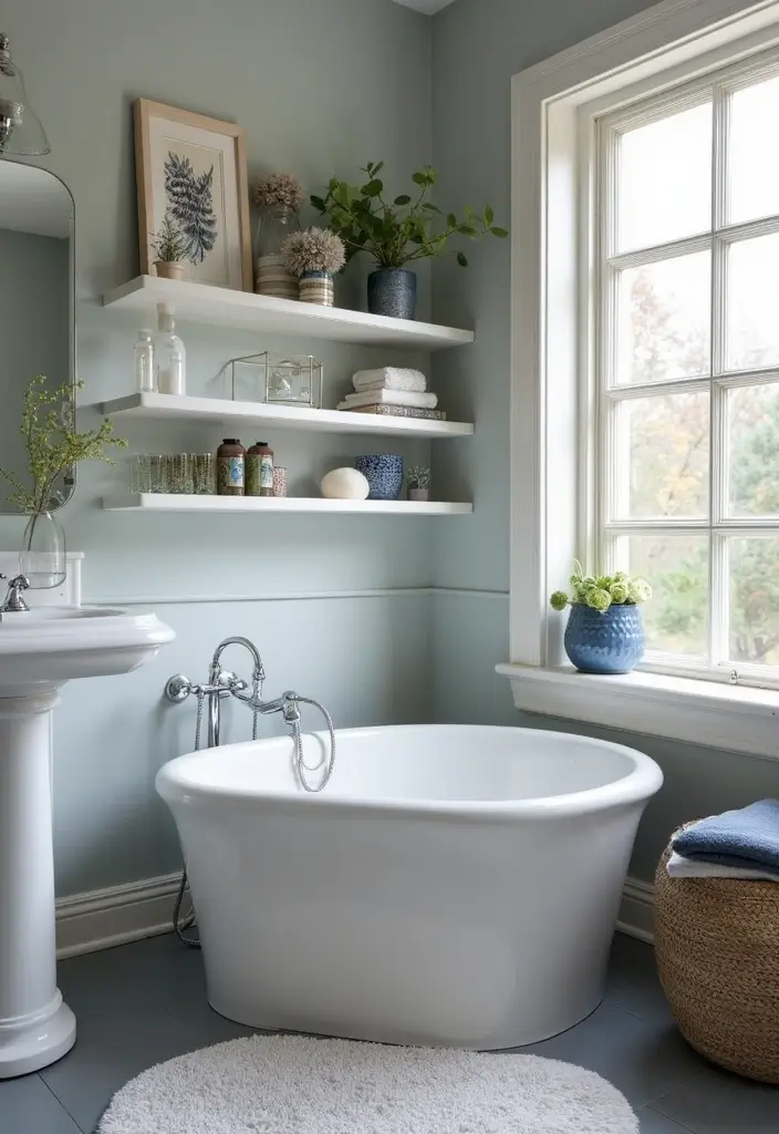 27 Navy And Grey Bathroom Ideas That Feel Calm - 25. Open Shelving