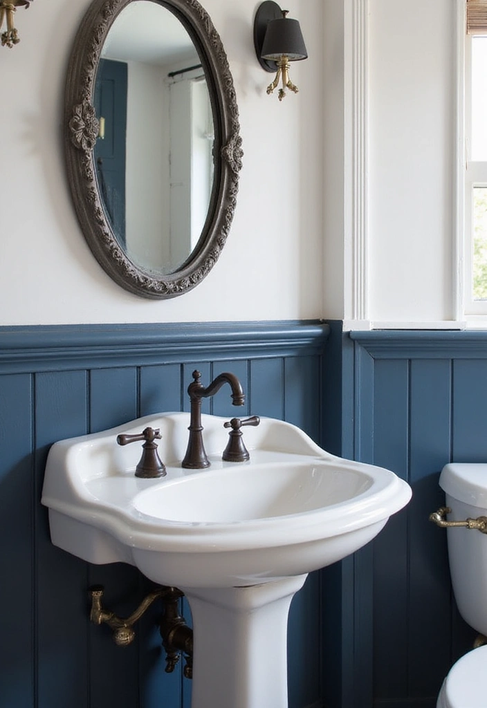 27 Navy And Grey Bathroom Ideas That Feel Calm - 26. Vintage-Inspired Fixtures