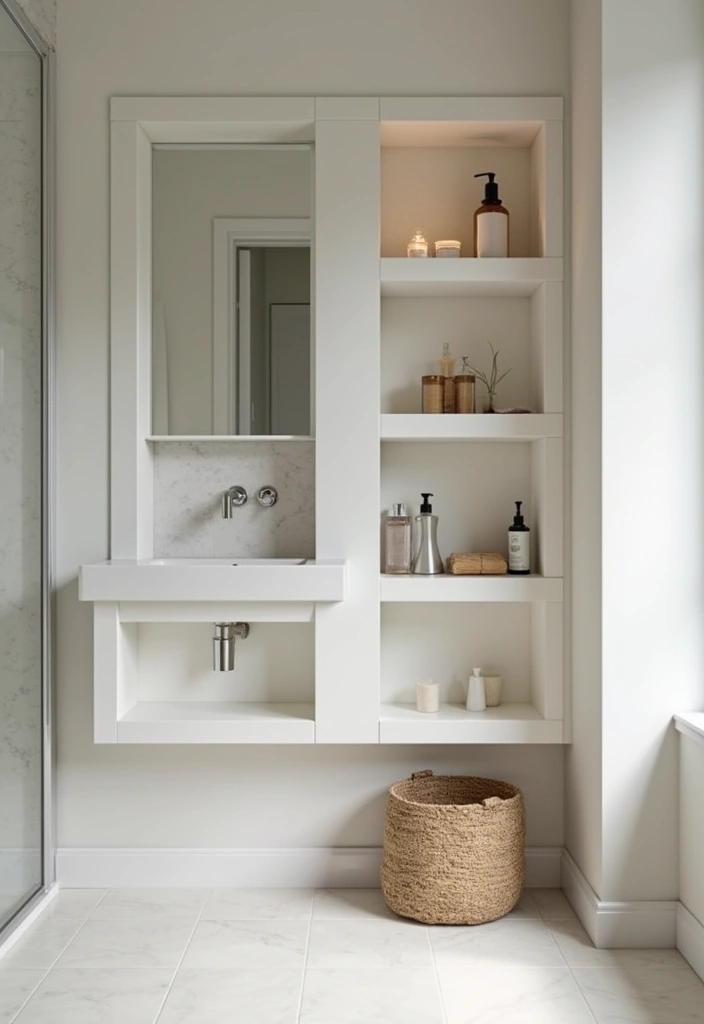 27 Nude Bathroom Ideas That Feel Minimalist - 17. Built-In Shelving
