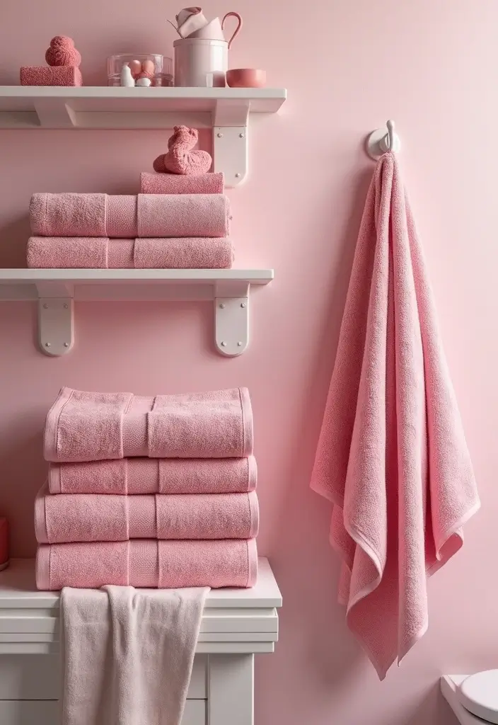 27 Pink White Bathroom Ideas That Feel Soft - 10. Pink Accented Towels
