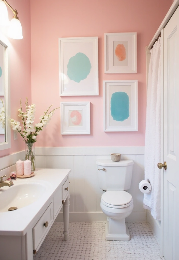 27 Pink White Bathroom Ideas That Feel Soft - 20. Framed Bathroom Art