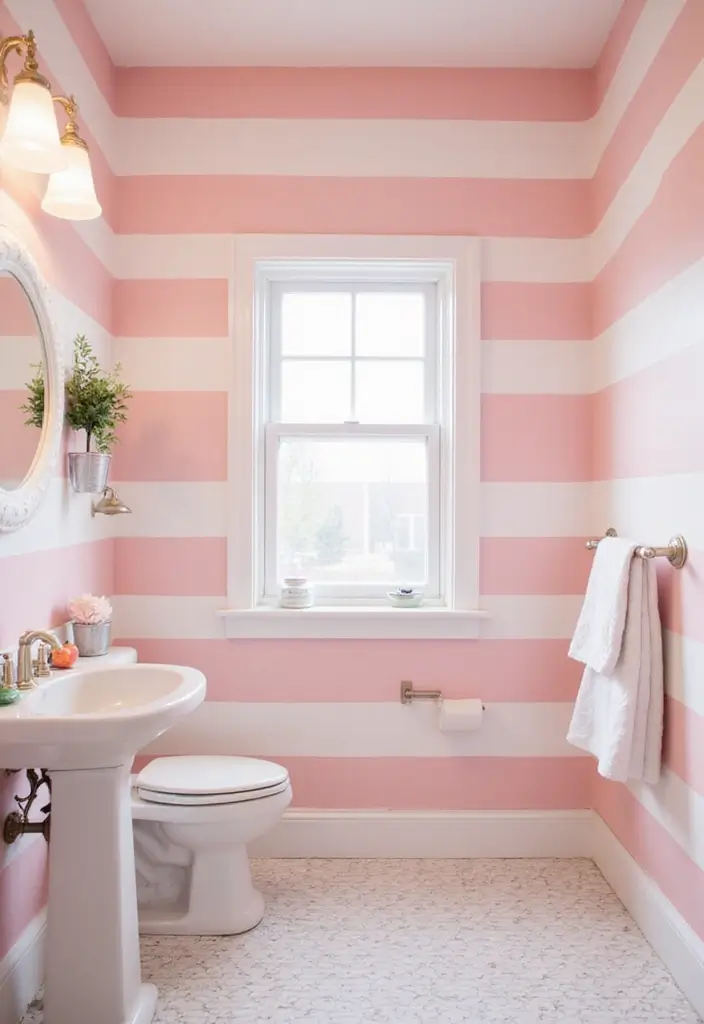 27 Pink White Bathroom Ideas That Feel Soft - 21. Pink Candy Stripes