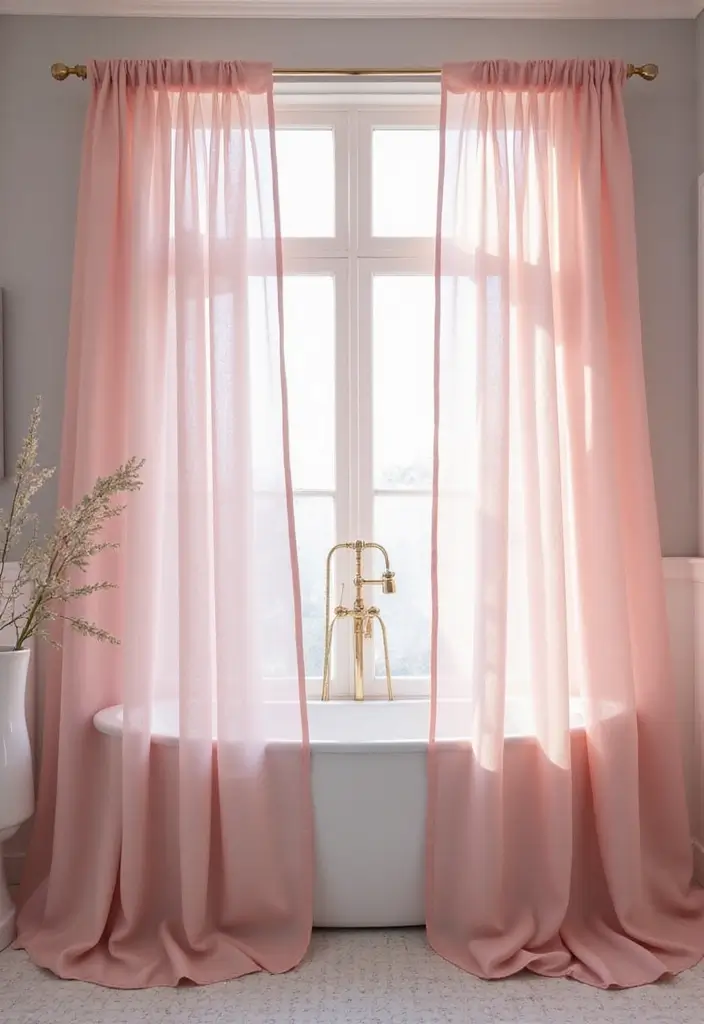 27 Pink White Bathroom Ideas That Feel Soft - 22. Soft Pink Window Treatments