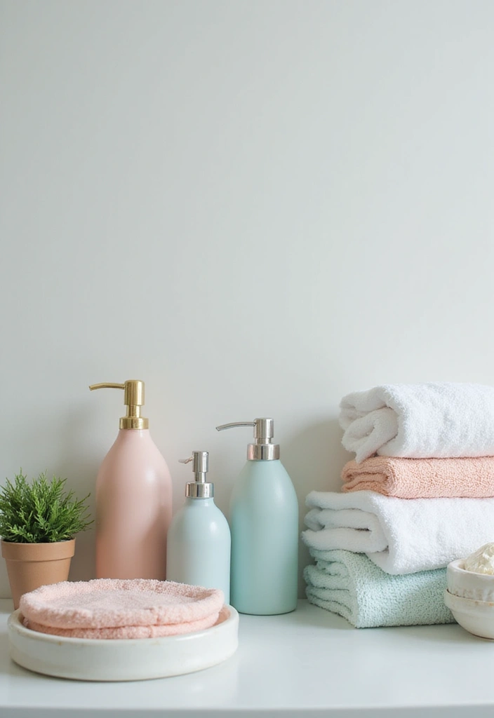 27 Pink White Bathroom Ideas That Feel Soft - 5. Pastel Bathroom Accessories