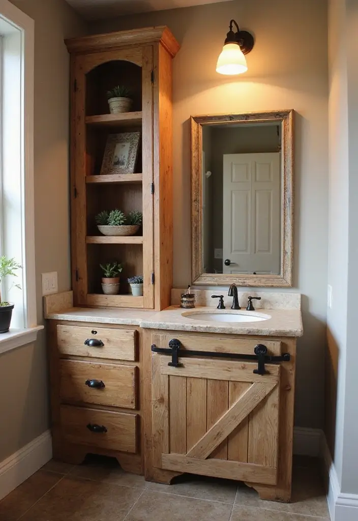 28 Bar Bathroom Ideas That Impress Guests - 1. Rustic Barn Door Vanity