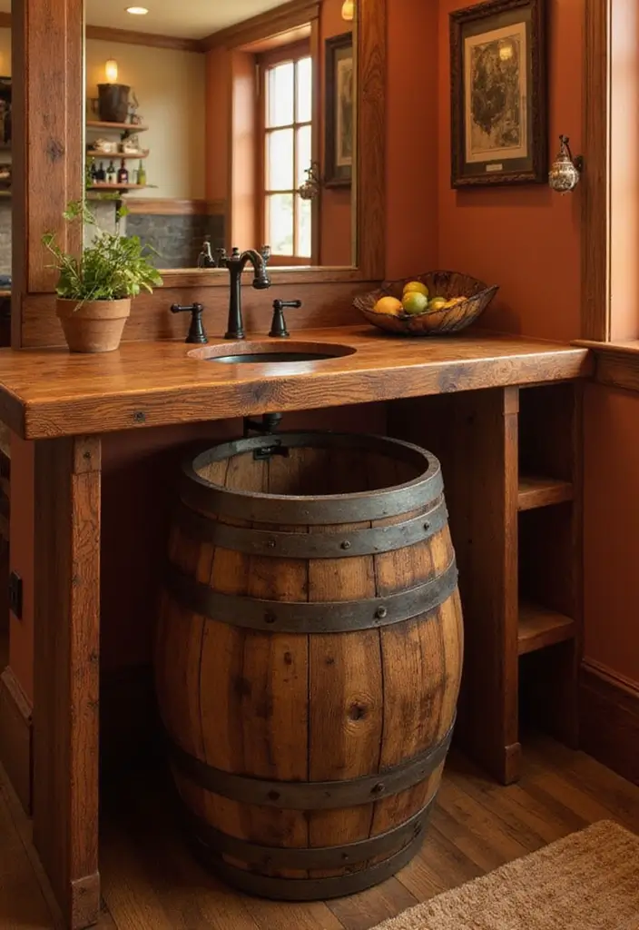 28 Bar Bathroom Ideas That Impress Guests - 2. Wine Barrel Sink