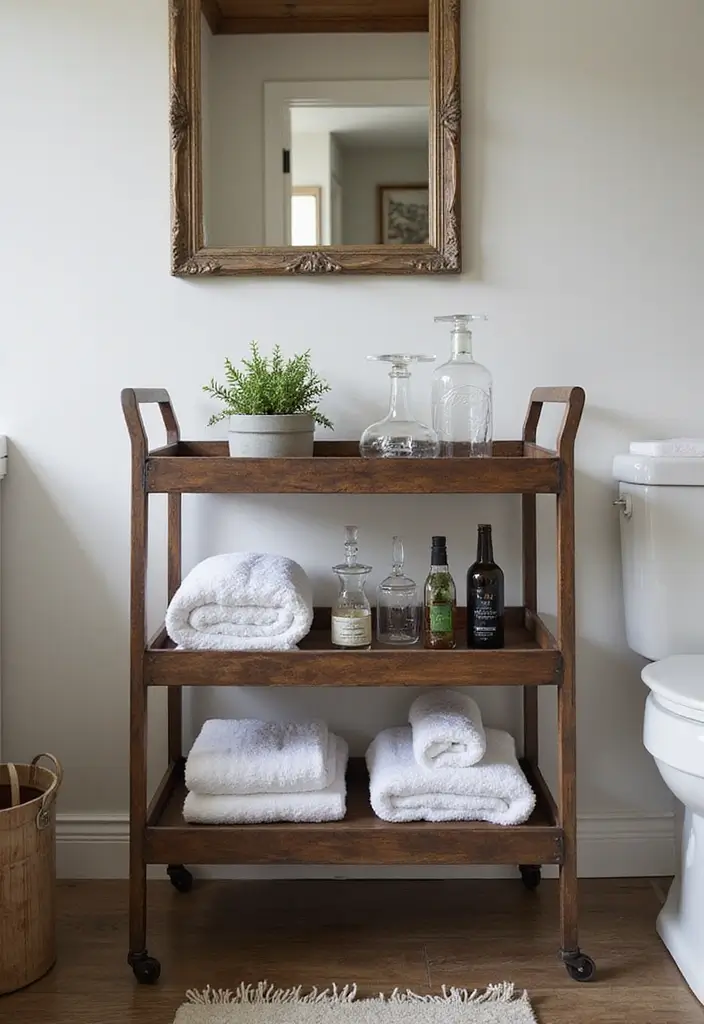 28 Bar Bathroom Ideas That Impress Guests - 3. Vintage Bar Cart Storage