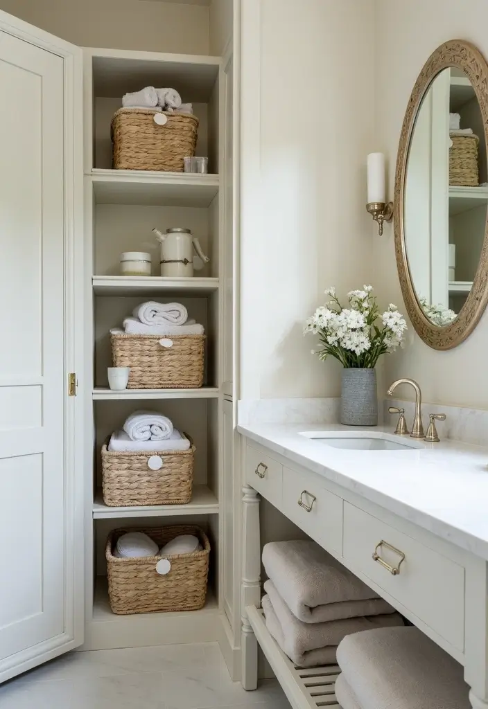 28 Bathroom Hand Towel Ideas That Look Luxurious - 24. Luxe Storage Solutions