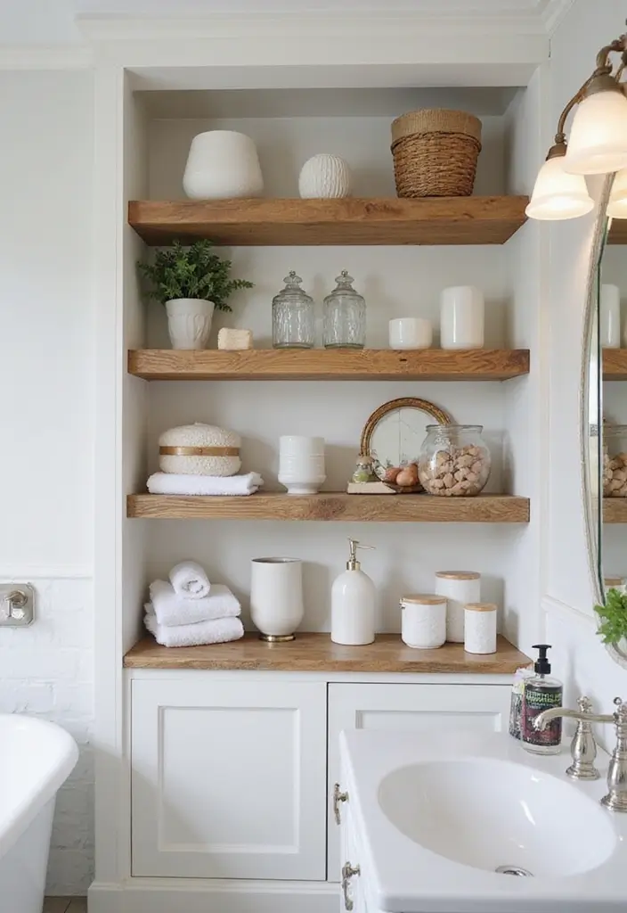 28 Bathroom Ideas Farmhouse Style With Rustic Charm - 15. Open Shelving