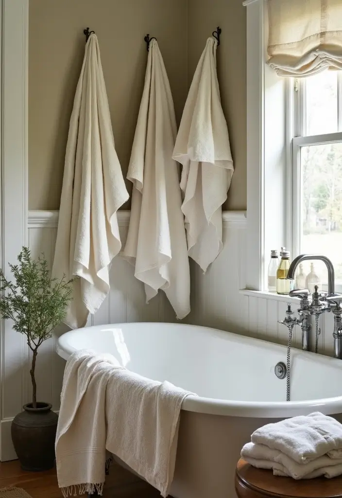 28 Bathroom Ideas Farmhouse Style With Rustic Charm - 20. Vintage Linens