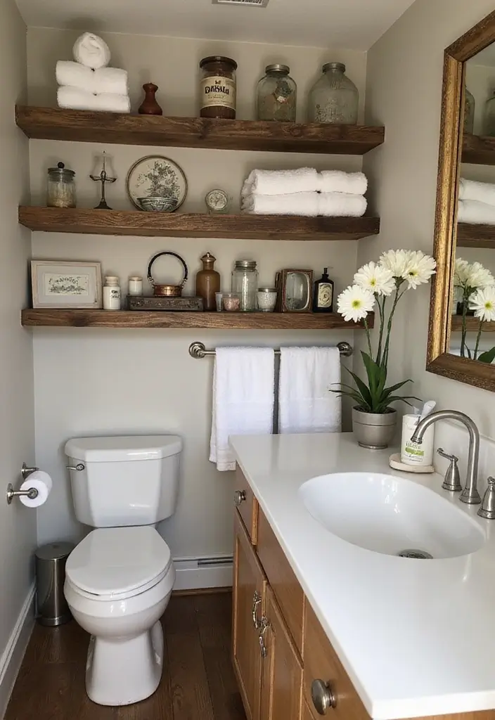 28 Bathroom Ideas Farmhouse Style With Rustic Charm - 3. Reclaimed Wood Shelves