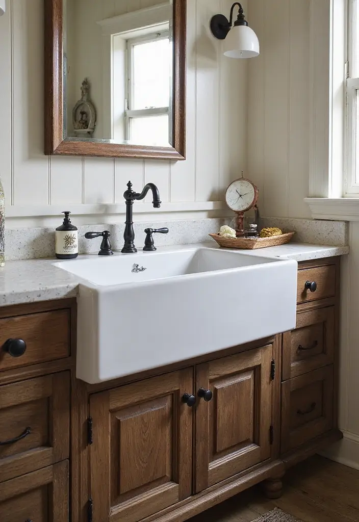 28 Bathroom Ideas Farmhouse Style With Rustic Charm - 8. Farmhouse Sink