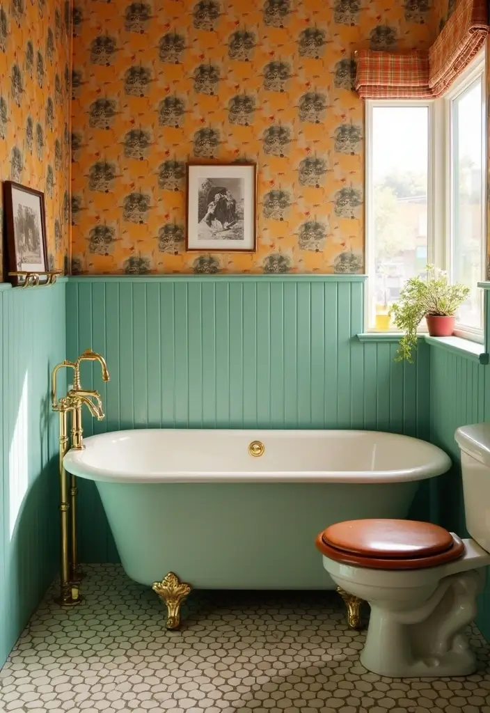 28 Bathroom Ideas With Wallpaper For Texture - 24. Retro Revival
