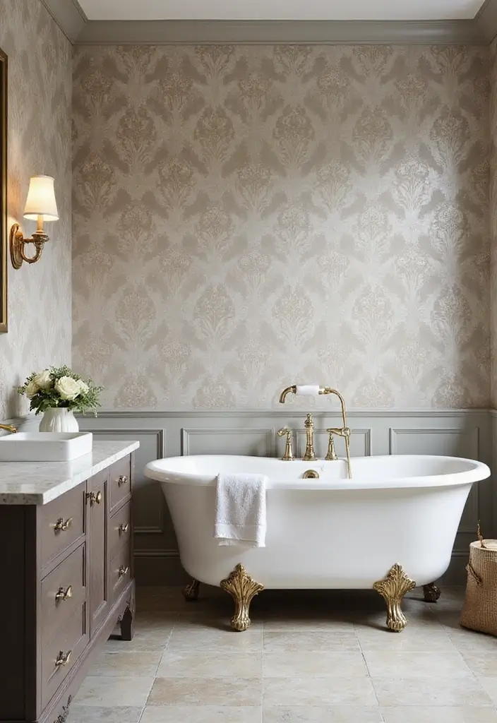28 Bathroom Ideas With Wallpaper For Texture - 28. Elegant Damask