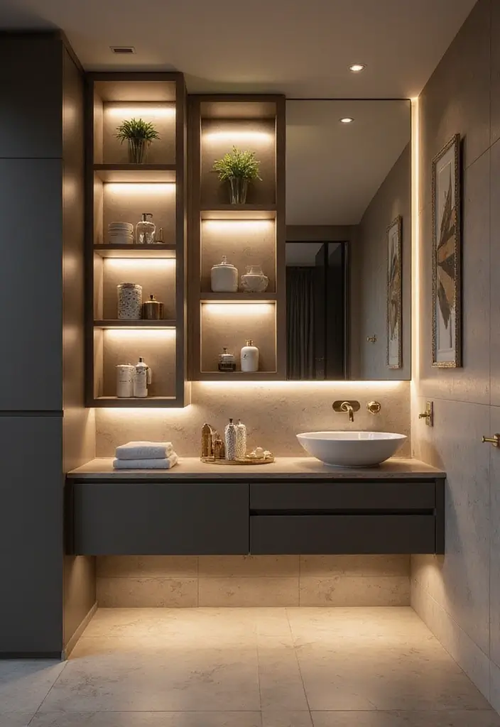 28 Bathroom Nook Ideas That Add Functionality - 20. Integrated Lighting in Cabinets