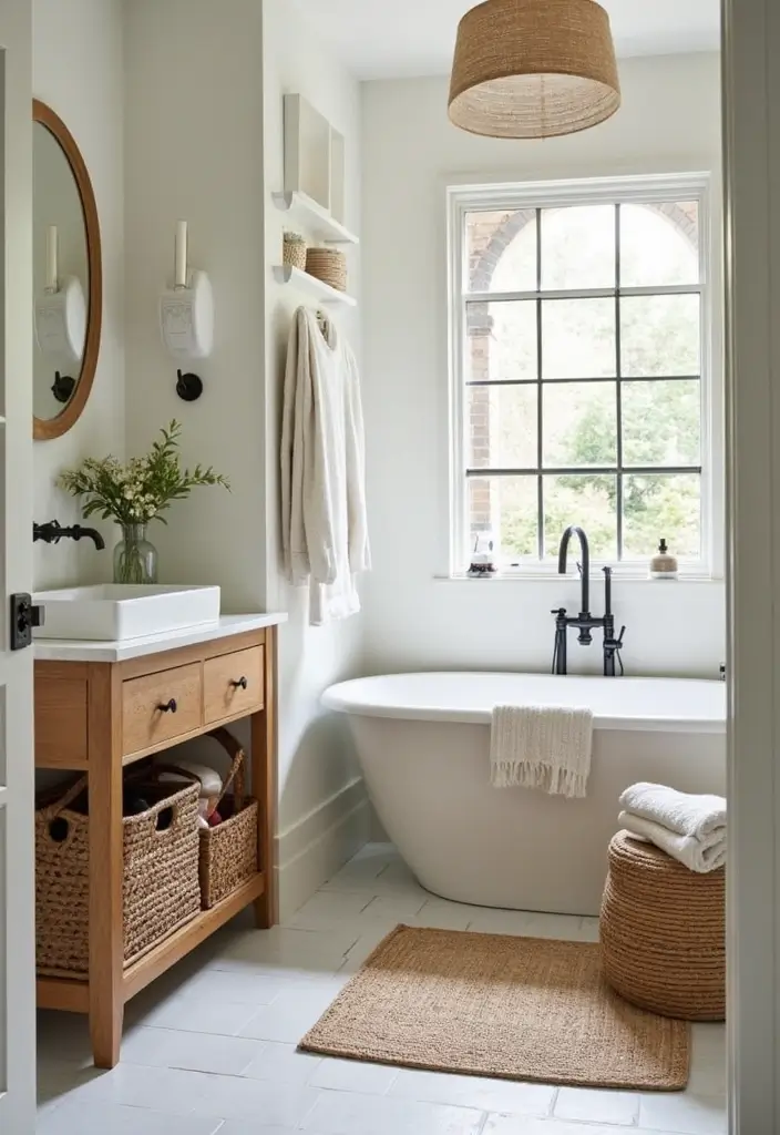 28 Boho Western Bathroom Ideas With Rustic Flair - 13. Creative Storage Solutions