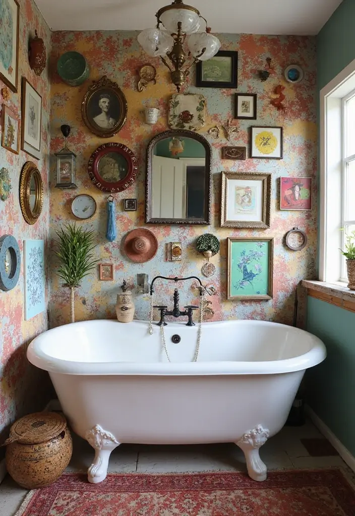 28 Boho Western Bathroom Ideas With Rustic Flair - 6. Eclectic Art and Decor