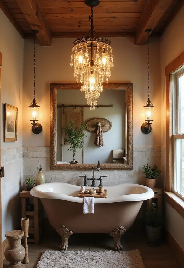 28 Boho Western Bathroom Ideas With Rustic Flair - 8. Statement Lighting