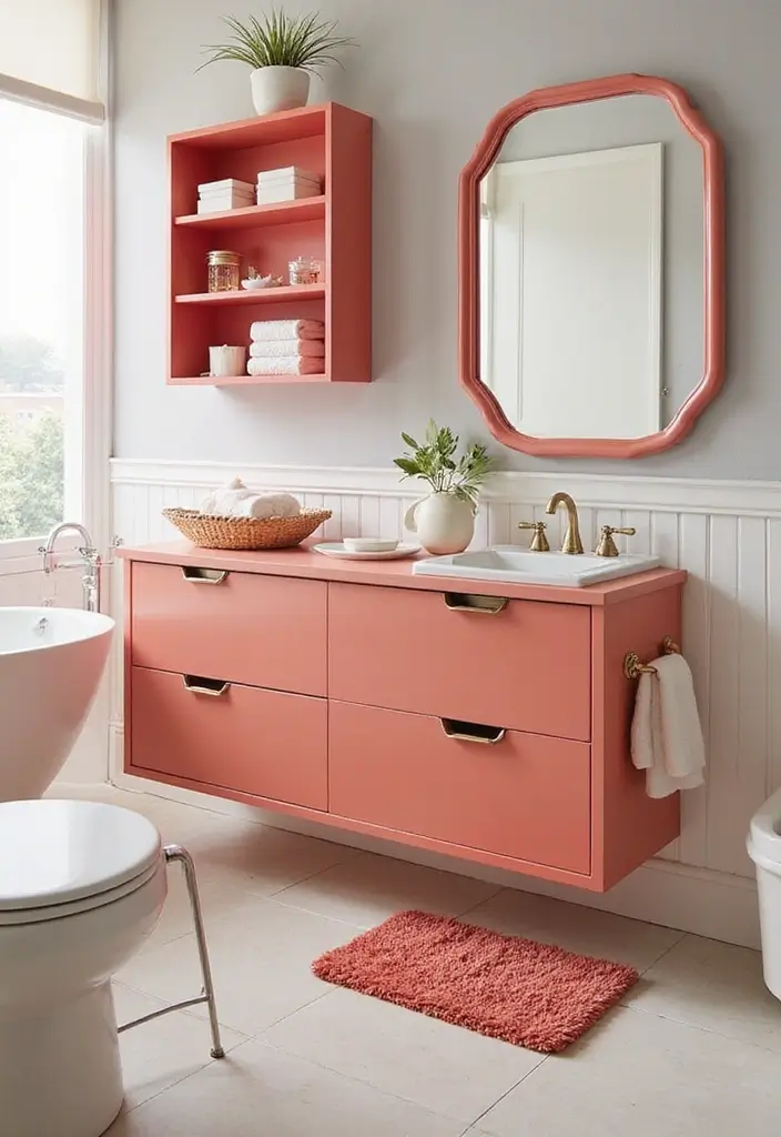 28 Coral Bathroom Ideas That Feel Tropical - 11. Coral Storage Solutions