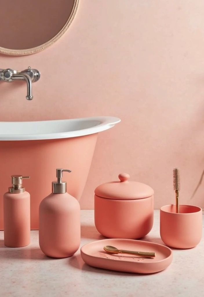 28 Coral Bathroom Ideas That Feel Tropical - 13. Coral Bath Accessories