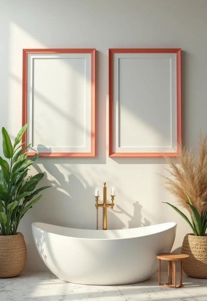 28 Coral Bathroom Ideas That Feel Tropical - 19. Coral Framed Photos