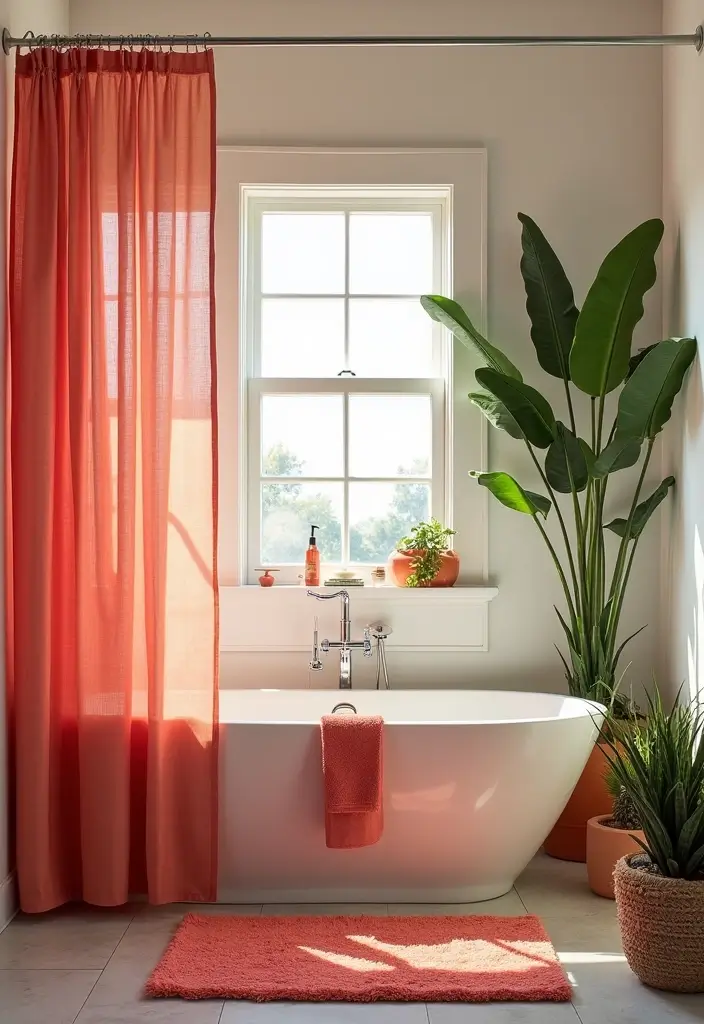 28 Coral Bathroom Ideas That Feel Tropical - 2. Coral Shower Curtains