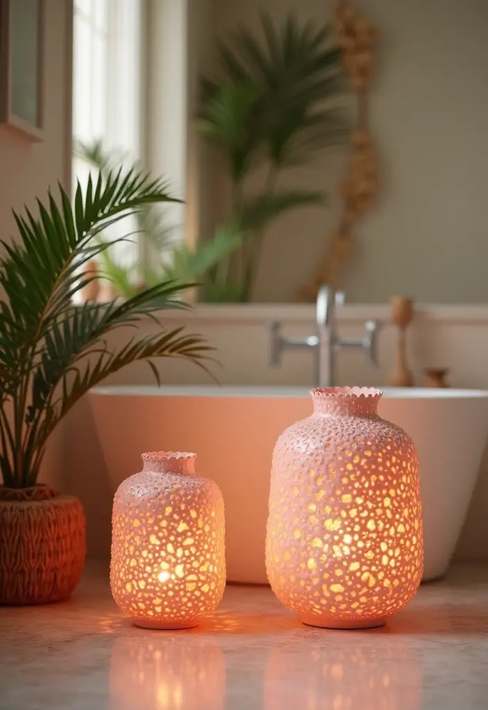 28 Coral Bathroom Ideas That Feel Tropical - 20. Coral Lanterns