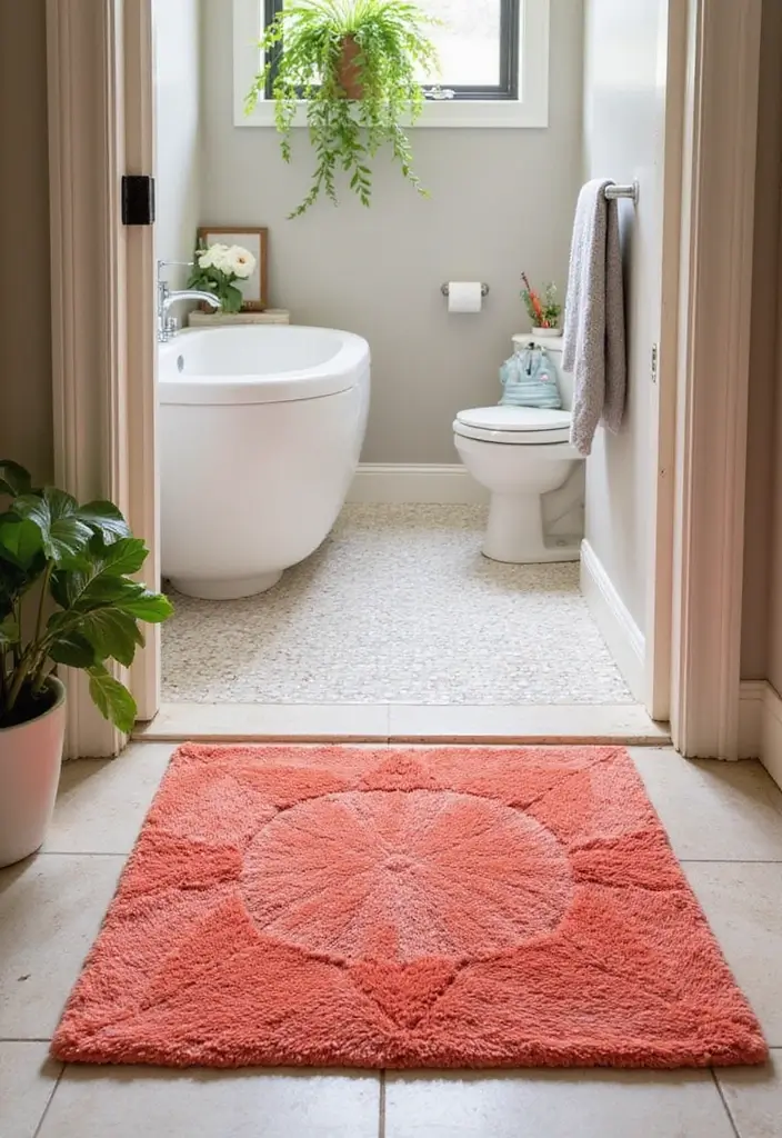28 Coral Bathroom Ideas That Feel Tropical - 22. Coral Door Mats
