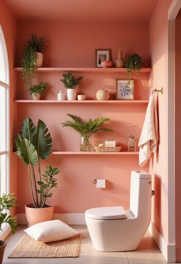 28 Coral Bathroom Ideas That Feel Tropical - 28. Coral Wall Shelves