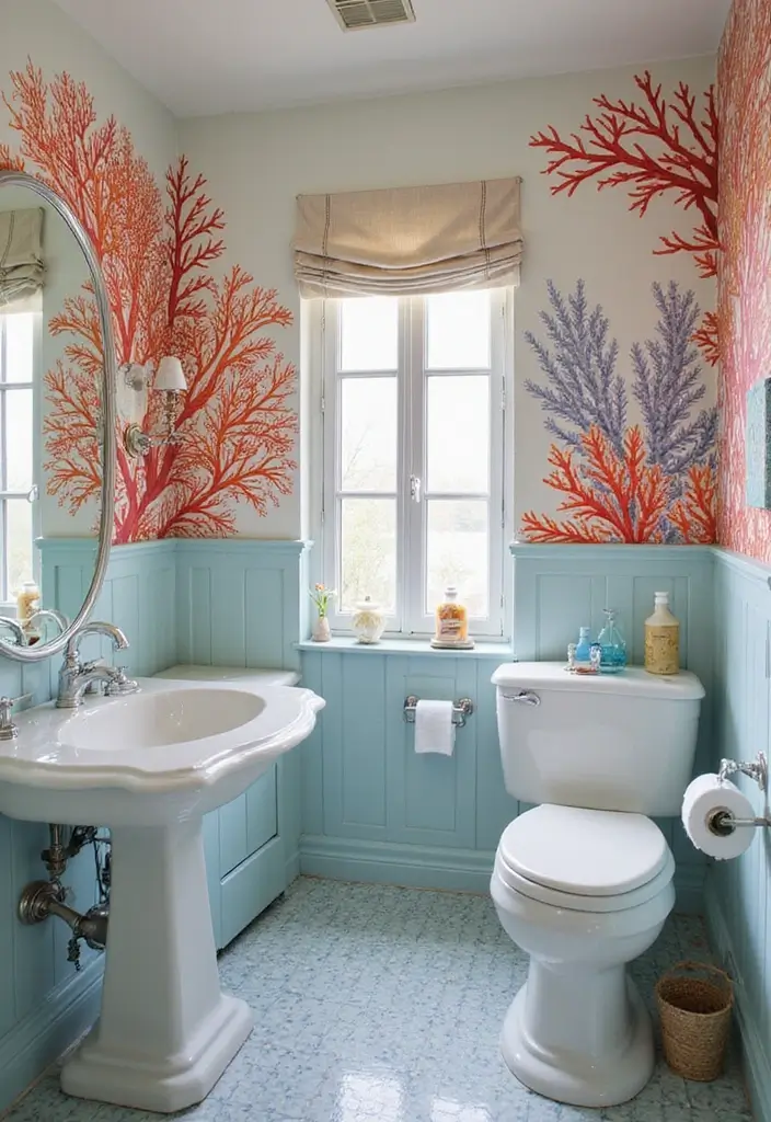 28 Coral Bathroom Ideas That Feel Tropical - 6. Coral Artwork