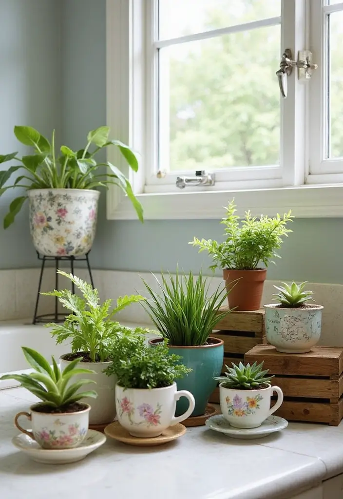 28 Green Wall Bathroom Ideas That Feel Natural - 13. Creative Plant Containers