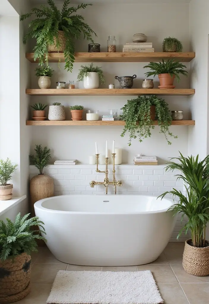 28 Green Wall Bathroom Ideas That Feel Natural - 2. Potted Plants on Shelves