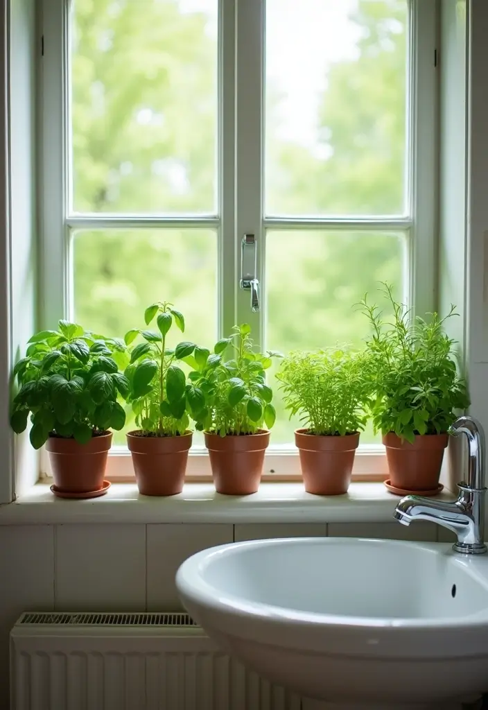28 Green Wall Bathroom Ideas That Feel Natural - 20. Fresh Herbs in the Bathroom