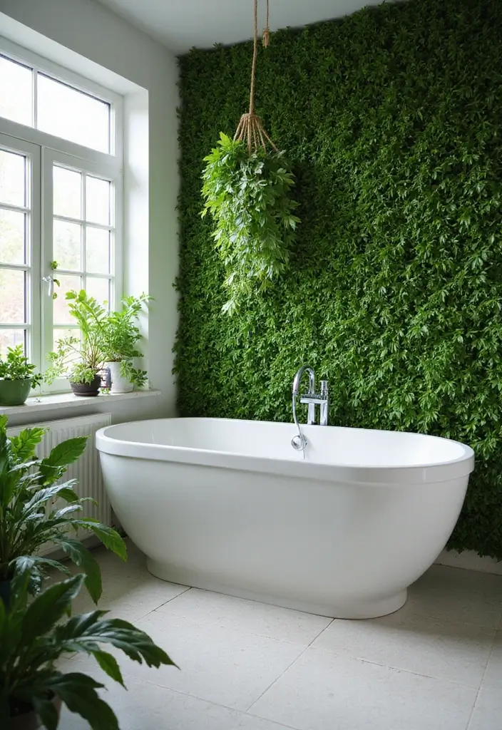 28 Green Wall Bathroom Ideas That Feel Natural - 21. Green Wall with Natural Lighting