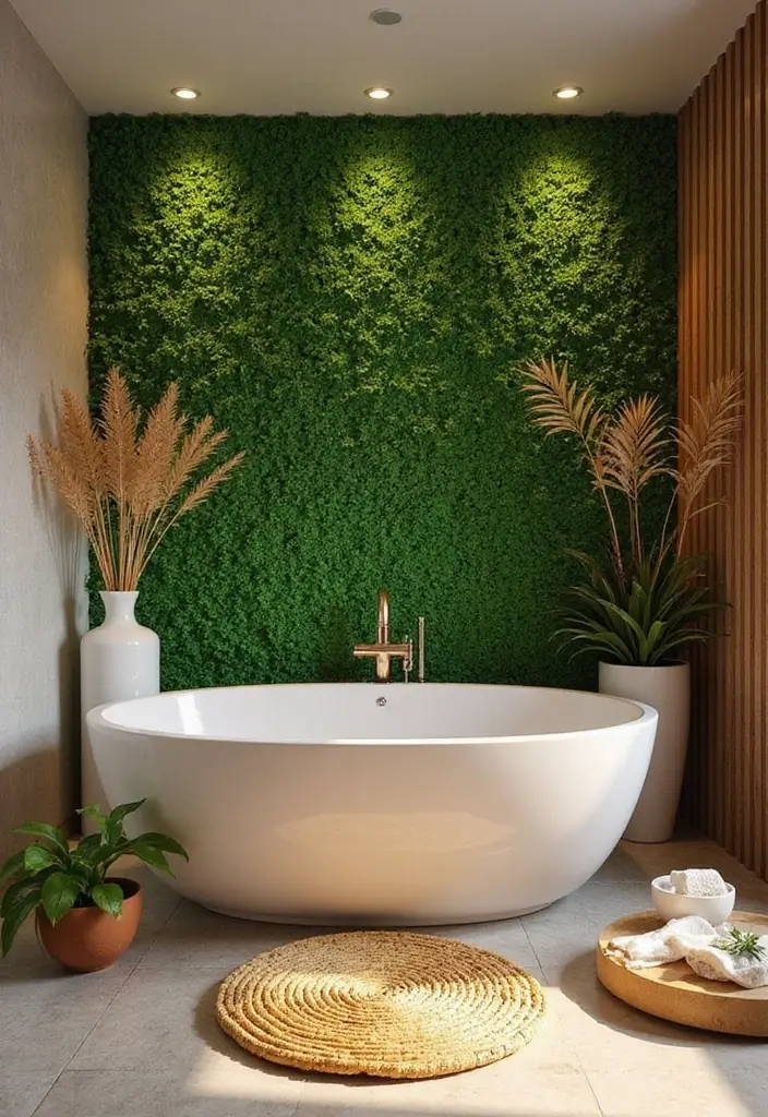 28 Green Wall Bathroom Ideas That Feel Natural - 22. Green Wall with Spa Elements