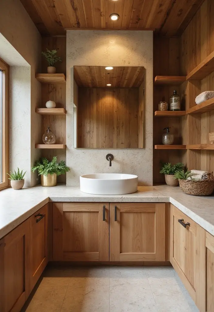 28 Modern Tropical Bathroom Ideas With Natural Tones - 10. Wooden Elements for Warmth