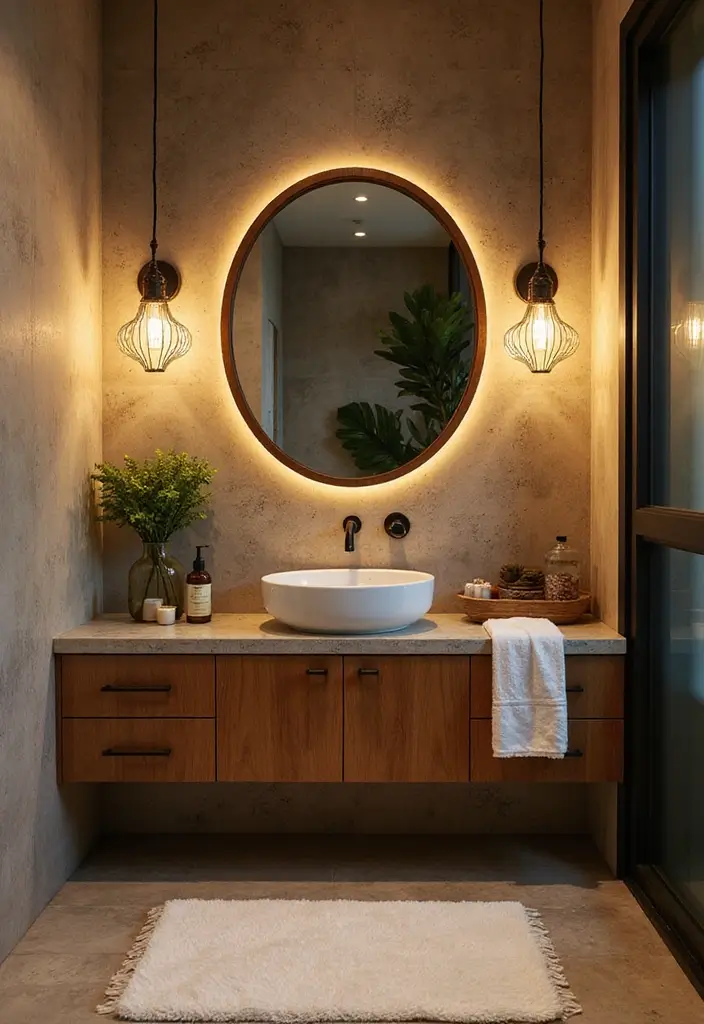 28 Modern Tropical Bathroom Ideas With Natural Tones - 11. Layered Lighting for Ambiance