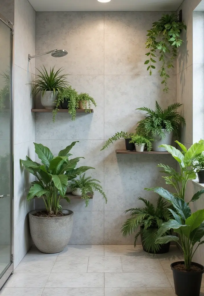 28 Modern Tropical Bathroom Ideas With Natural Tones - 12. Shower Plants for a Fresh Touch
