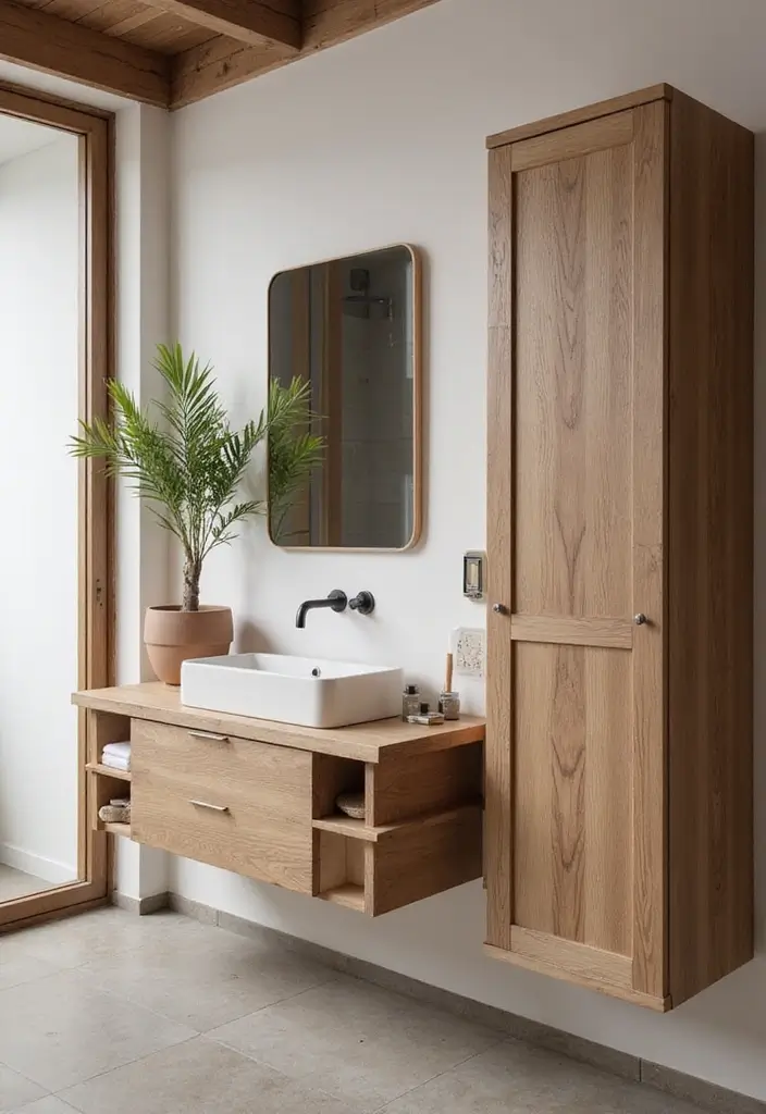 28 Modern Tropical Bathroom Ideas With Natural Tones - 14. Wall-Mounted Vanities for Space Saving