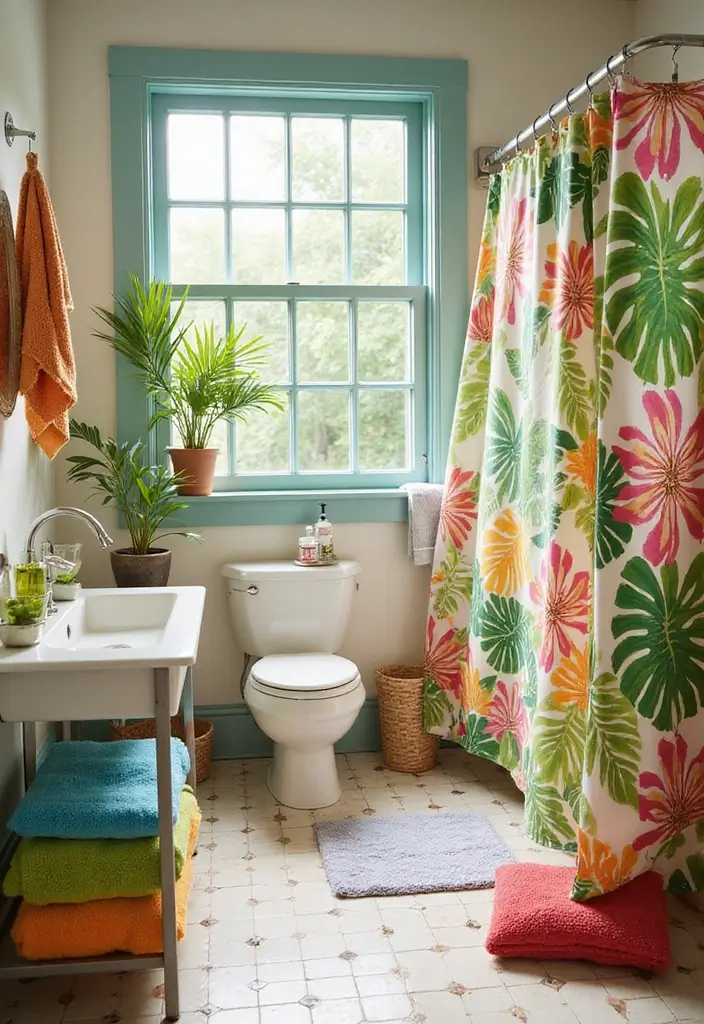 28 Modern Tropical Bathroom Ideas With Natural Tones - 16. Colorful Bathroom Accessories