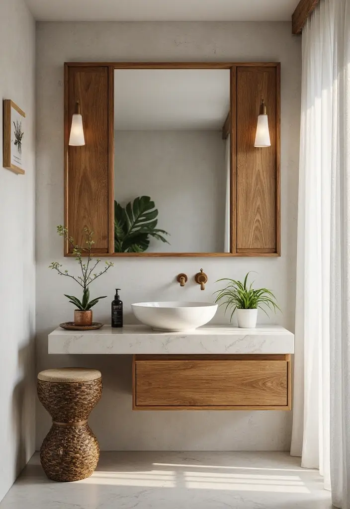 28 Modern Tropical Bathroom Ideas With Natural Tones - 19. Elegant Mirrors for Reflection