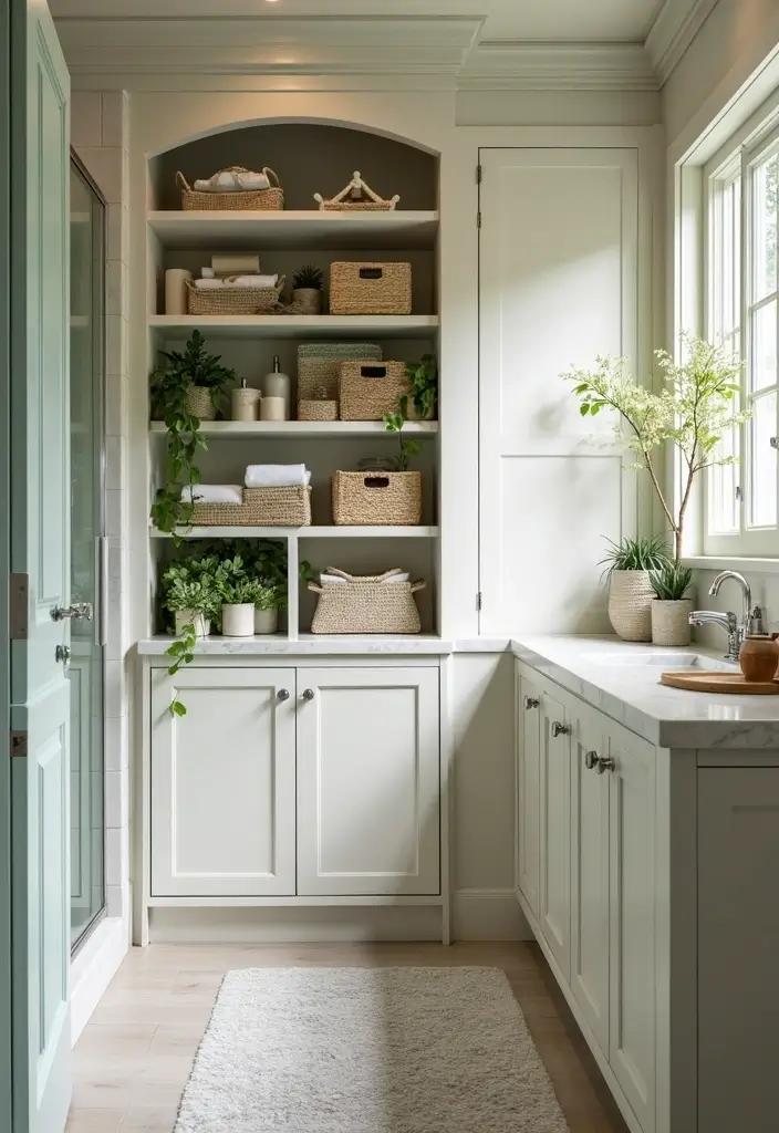 28 Modern Tropical Bathroom Ideas With Natural Tones - 21. Smart Storage Solutions